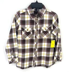 Volcom Getting Rad Plaid Flannel Shirt Girls Size Small 7 8 Brown Gold